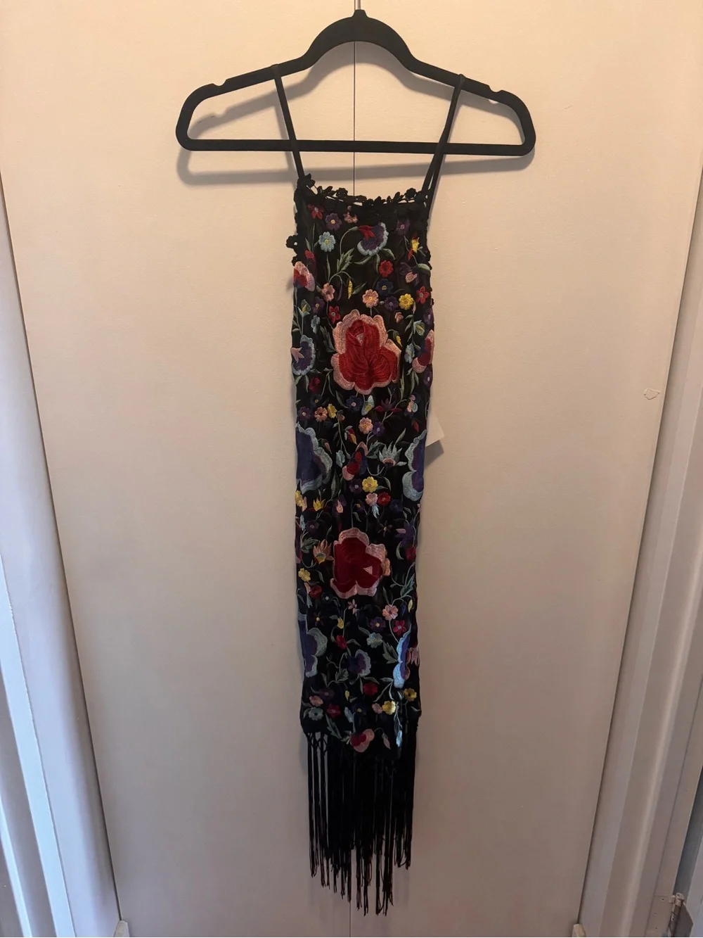 NWT Free People Black Floral Embroidered Fringe Mini Dress